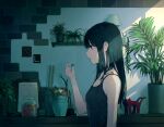  1girl absurdres black_shirt breasts candy flower food highres indoors jar lamp long_hair open_mouth original plant potted_plant profile shelf shichi_(ratorin53) shirt sleeveless small_breasts solo statue sunlight 