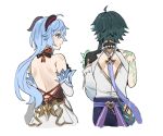  1boy 1girl ahoge arm_tattoo armor bead_necklace beads black_hair blue_hair cropped_legs detached_sleeves from_behind ganyu_(genshin_impact) genshin_impact gyoju_(only_arme_nim) hair_between_eyes horns jewelry long_hair mask multicolored_hair necklace parted_lips shoulder_armor simple_background spikes symbol-only_commentary tattoo white_background xiao_(genshin_impact) 