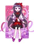  1girl akemi_homura alternate_costume bangs black_dress black_hair blazer blush blush_stickers commentary dress eyebrows_visible_through_hair flower full_body hair_ribbon hairband highres jacket loafers long_hair mahou_shoujo_madoka_magica multicolored_background neck_ribbon open_mouth purple_background purple_footwear red_background red_hairband red_ribbon ribbon shirt shoes sidelocks smile solo sparkle sparkle_background spider_lily standing strapless strapless_dress tareme teeth upper_teeth user_nkce4847 very_long_hair violet_eyes white_background white_jacket 