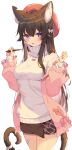  1girl absurdres animal_ear_fluff animal_ears bandaid blue_eyes breasts brown_hair cat_ears cat_girl cat_tail commentary_request eyebrows_visible_through_hair highres holding holding_stylus jacket jun_(aousa0328) long_hair looking_at_viewer medium_breasts original pink_jacket simple_background solo stylus sweater tail thighs turtleneck turtleneck_sweater white_background white_sweater 