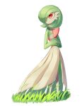  closed_mouth commentary_request gardevoir green_hair highres looking_back medium_hair nanashi_nasi orange_eyes own_hands_together pokemon pokemon_(creature) smile solo standing white_background 