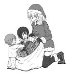  3girls bangs boots christmas commentary dress eyebrows_visible_through_hair frown fur-trimmed_dress fur_trim gift girls_und_panzer gloves greyscale hat holding holding_sack itsumi_erika kneeling long_hair long_sleeves looking_at_another monochrome multiple_girls mutsu_(layergreen) nishizumi_maho nishizumi_miho open_mouth pajamas sack santa_boots santa_dress santa_hat short_dress short_hair siblings sisters standing sweatdrop thigh-highs younger 