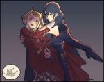  2girls animal black_hair blush boots byleth_(fire_emblem) byleth_eisner_(female) cape carrying closed_mouth d: dress edelgard_von_hresvelg fire_emblem fire_emblem:_three_houses garreg_mach_monastery_uniform gloves grey_hair long_hair looking_at_another looking_to_the_side medium_hair mouse multiple_girls open_mouth princess_carry scared smile tipsytrains 