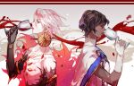  2boys arjuna_(fate) bangs bishounen black_hair blue_eyes cape dark-skinned_male dark_skin earrings fate/grand_order fate_(series) gloves hair_between_eyes highres holding jewelry karna_(fate) long_hair male_focus multiple_boys pale_skin sakuramochi1003 white_gloves white_hair 