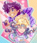  2boys blonde_hair blue_eyes bola_(weapon) bubble caesar_anthonio_zeppeli chibi clacker deliciest facial_mark fingerless_gloves gloves green_eyes green_jacket headband jacket jojo_no_kimyou_na_bouken joseph_joestar joseph_joestar_(young) male_focus multicolored_clothes multicolored_scarf multiple_boys purple_hair scarf striped striped_scarf triangle_print winged_hair_ornament 