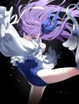  1girl bangs bare_shoulders blue_eyes blue_ribbon bow breasts fate/grand_order fate_(series) highres long_hair long_sleeves looking_at_viewer meltryllis_(fate) meltryllis_(swimsuit_lancer)_(fate) purple_hair ribbon siwasu1209 sleeves_past_fingers sleeves_past_wrists solo swimsuit very_long_hair 