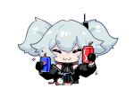  1girl ^3^ bangs blue_hair blush build_driver can chibi coca-cola cosplay crossover drink girls_frontline highres holding kamen_rider kamen_rider_build kamen_rider_build_(cosplay) kamen_rider_build_(series) pa-15_(girls&#039;_frontline) pepsi_nex shanyao_jiang_tororo simple_background soda_can twintails upper_body white_background 