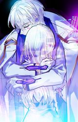  1boy 1girl add_(elsword) bangs character_request closed_eyes closed_mouth coat coat_on_shoulders dominator_(elsword) elsword english_commentary eyebrows_visible_through_hair fractalmagnolia gloves hair_between_eyes hug jacket long_hair long_sleeves white_coat white_gloves white_hair white_jacket 