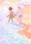  2girls arm_at_side backlighting barefoot beach blue_shorts bob_cut brown_hair caustics closed_mouth clouds dark-skinned_female dark_skin evening facing_away floating_hair from_behind from_side green_skirt heikala high-waist_skirt highres holding_hands horizon legs_apart long_sleeves looking_at_another looking_away multiple_girls ocean original outdoors outstretched_arm painting_(medium) pink_hair pink_sweater pleated_skirt profile puffy_long_sleeves puffy_sleeves reflection reflective_water sand shadow shirt shore short_hair short_sleeves shorts skirt smile standing sunlight sunset sweater t-shirt traditional_media turtleneck turtleneck_sweater twilight wading walking water watercolor_(medium) white_shirt wide_shot wrist_extended 