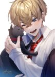  1boy absurdres animal bangs black_hair blonde_hair blue_eyes cat collared_shirt earrings hair_between_eyes highres hiiragi_hiiro jewelry long_sleeves male_focus matsuno_chifuyu necktie one_eye_closed open_mouth red_neckwear shirt simple_background single_earring sleeves_past_wrists smile solo tokyo_revengers twitter_username undercut upper_body white_background white_shirt 