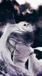  1boy arm_up black_hair clouds cowboy_shot crescent facing_away floating_hair from_behind highres holding japanese_clothes kariginu light_particles long_hair long_sleeves low-tied_long_hair male_focus motion_blur night night_sky onmyoji ribbon-trimmed_sleeves ribbon_trim robe sky solo surreal susabi_(onmyoji) very_long_hair wide_sleeves wind ye_(ran_chiiipye) 