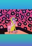  1girl absurdres border dress eating floral_print highres hood hood_up indoors knife limited_palette miyoviyo original purple_hair sleeveless solo table violet_eyes wallpaper_(object) 
