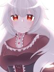  1girl akai_haato albino alternate_costume alternate_hair_color bangs blush commentary corset frills hololive looking_at_viewer red_eyes silver_hair simple_background smile solo syarokichi_0814 virtual_youtuber white_background 