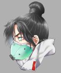  1girl apex_legends aqua_eyes bangs black_hair from_side glowing glowing_eyes grey_background grey_jacket hair_behind_ear head_only highres jacket looking_ahead mask meteolance mouth_mask profile quarantine_722_wraith solo v-shaped_eyebrows wraith_(cat_busters) 