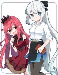  2girls :d black_legwear blush crown dress fairy_knight_tristan_(fate) fang fate/grand_order fate_(series) looking_at_viewer miniskirt morgan_le_fay_(fate) multiple_girls office_lady open_mouth pantyhose pencil_skirt rabiiandrain red_dress red_eyes side_slit silver_hair skirt smile 