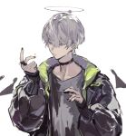  1boy arene_(arknights) arknights bangs black_choker black_jacket black_nails choker closed_mouth earrings green_eyes grey_hair grey_shirt hair_between_eyes halo highres holding jacket jewelry long_sleeves nail_polish open_clothes open_jacket shirt short_hair simple_background solo white_background 