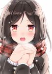  1girl :d aya223 blush brown_hair brown_jacket enpera jacket long_sleeves looking_at_viewer open_mouth original pov pov_hands red_eyes red_scarf scarf school_uniform simple_background smile solo_focus white_background 