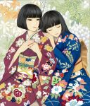  2girls bangs black_eyes black_hair blunt_bangs bob_cut closed_eyes couple floral_background hand_on_another&#039;s_shoulder hands_on_own_chest hime_cut japanese_clothes kimono leaning_on_person long_hair looking_at_another multiple_girls nadeshiko_rin original short_hair smile traditional_media yuri 