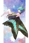  1girl adapted_costume antennae aqua_hair bare_legs barefoot black_dress brown_eyes butterfly_wings closed_mouth dress elbow_gloves eternity_larva fairy fingerless_gloves full_body gloves green_gloves hair_between_eyes leaf leaf_on_head parmesan_(168n) short_hair solo touhou wings 