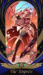  1girl absurdres black_rose_dragon border breasts duel_monster english_text flower foreshortening full_body highres izayoi_aki long_hair looking_at_viewer petals redhead roman_numeral rose sidelocks solo_focus ssbaby tarot the_empress_(tarot) thigh-highs yu-gi-oh! yu-gi-oh!_5d&#039;s 