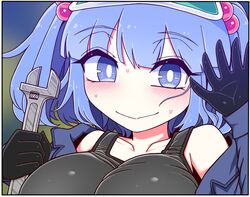  1girl bangs black_gloves black_tank_top blush border breasts bright_pupils closed_mouth commentary_request eyebrows_visible_through_hair gloves holding holding_wrench kawashiro_nitori large_breasts looking_at_viewer off_shoulder portrait purple_hair smile solo sweatdrop tank_top touhou two_side_up waving white_border white_pupils wrench yassy 