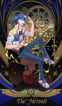  1boy :d absurdres antinomy border bruno_(yu-gi-oh!) casual dark_persona denim english_text full_body highres jacket jeans male_focus open_clothes open_jacket pants roman_numeral salute shoes short_hair sitting smile sneakers solo_focus spoilers ssbaby tarot the_hermit_(tarot) yu-gi-oh! yu-gi-oh!_5d&#039;s 