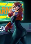  1girl alia_(mega_man) android armor ass bangs black_bodysuit blonde_hair blue_eyes bodysuit breasts commentary gloves hand_up headgear joints lips long_hair looking_at_viewer looking_back medium_breasts mega_man_(series) mega_man_x_(series) parted_lips robot_ears robot_joints simple_background skin_tight solo zetman92 