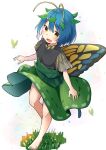  1girl animal antennae aqua_hair bare_legs barefoot blush bug butterfly butterfly_wings dress eternity_larva eyebrows_visible_through_hair fairy full_body green_dress hair_between_eyes highres leaf leaf_on_head mamemochi multicolored_clothes multicolored_dress open_mouth short_hair short_sleeves single_strap smile solo symbol-only_commentary touhou white_background wings yellow_eyes 