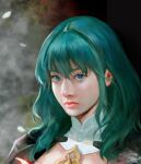  1girl blue_eyes byleth_(fire_emblem) byleth_eisner_(female) closed_mouth detached_collar fire_emblem fire_emblem:_three_houses green_hair portrait simple_background solo sword sword_of_the_creator vijoux weapon 