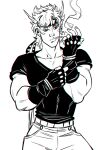 1boy adjusting_clothes adjusting_gloves battle_tendency caesar_anthonio_zeppeli cigarette deliciest feather_hair_ornament feathers fingerless_gloves gloves hair_ornament headband jojo_no_kimyou_na_bouken male_focus monochrome smoking solo 