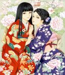  2girls bangs black_eyes black_hair blunt_bangs braid couple floral_background flower hair_flower hair_ornament hime_cut holding_another&#039;s_wrist japanese_clothes kimono long_hair looking_at_viewer looking_to_the_side multiple_girls nadeshiko_rin original parted_lips smile traditional_media updo yuri 