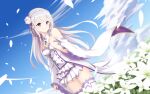  1girl bangs blue_sky breasts closed_mouth clouds cloudy_sky commentary day detached_sleeves dress emilia_(re:zero) eyebrows_visible_through_hair flower frills gem hairband hand_up highres jewelry leaf long_sleeves looking_at_viewer medium_breasts re:zero_kara_hajimeru_isekai_seikatsu revision sky smile solo standing thigh-highs violet_eyes white_dress white_flower white_hair white_hairband white_legwear wide_sleeves yasuharasora 