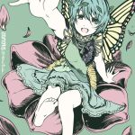  1girl aqua_hair bare_legs barefoot blush brown_eyes butterfly_wings dated dress eternity_larva eyebrows_visible_through_hair fairy green_background green_dress hair_between_eyes leaf leaf_on_head multicolored_clothes multicolored_dress open_mouth short_hair sidate simple_background single_strap smile solo touhou twitter_username wings 