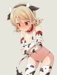  @_@ animal_ears animal_print bikini blush breasts brown_eyes collar cow_ears cow_print cow_tail cowboy_shot drill_hair elbow_gloves embarrassed eyebrows_visible_through_hair fake_animal_ears fake_tail gloves grey_background hairband hand_on_own_arm idolmaster idolmaster_cinderella_girls light_brown_hair medium_hair morikubo_nono navel nose_blush print_bikini print_gloves print_legwear red_collar ringlets self_hug simple_background skindentation small_breasts sweat swimsuit tail thigh-highs uccow wavy_mouth 