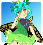  1girl antennae aqua_hair blush border butterfly_wings cowboy_shot dress eternity_larva eyebrows_visible_through_hair fairy green_dress hair_between_eyes ini_(inunabe00) leaf leaf_on_head multicolored_clothes multicolored_dress open_mouth short_hair short_sleeves single_strap smile solo touhou white_border wings yellow_eyes 
