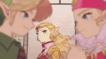  1boy 2girls armor blonde_hair blue_eyes blurry blurry_foreground child circlet dual_persona earrings eye_contact green_headwear head_scarf highres jewelry long_hair looking_at_another misomiso21 multiple_girls older pauldrons pointy_ears shoulder_armor the_legend_of_zelda the_legend_of_zelda:_ocarina_of_time tunic younger 