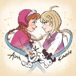  2girls akamatsu_kaede anna_(frozen) backpack bag blonde_hair blue_eyes blush braid brown_hair cape character_name colormonet commentary_request danganronpa_(series) danganronpa_v3:_killing_harmony disney freckles frozen_(disney) fur-trimmed_cape fur_trim hair_ornament heart hood hood_up hooded_cape long_hair long_sleeves monokuma multiple_girls musical_note_hair_ornament olaf_(frozen) pink_cape pink_eyes pink_vest randoseru simple_background smile snowman sweater_vest twin_braids vest 