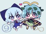  2girls :d antennae aqua_hair barefoot blue_background blue_bow blue_dress blue_eyes blue_hair blush_stickers bow butterfly_wings chibi cirno collared_shirt dress eternity_larva eyebrows_visible_through_hair fairy full_body green_dress hair_between_eyes hair_bow heart highres leaf leaf_on_head multicolored_clothes multicolored_dress multiple_girls outstretched_arms puffy_short_sleeves puffy_sleeves shin16 shirt short_hair short_sleeves simple_background single_strap smile spread_arms touhou violet_eyes white_shirt wings 