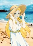  beach belt blonde_hair blue_eyes blush dress floating_hair hat holding holding_clothes holding_hat long_hair looking_at_viewer misomiso21 ocean princess_zelda sky smile spaghetti_strap straw_hat the_legend_of_zelda the_legend_of_zelda:_breath_of_the_wild white_dress wind 