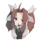  1girl ahoge bangs bb5_hz brown_hair cropped_torso green_ribbon grey_eyes grey_vest hair_ribbon kagerou_(kancolle) kantai_collection long_hair neck_ribbon parted_lips remodel_(kantai_collection) ribbon shirt short_sleeves sidelocks simple_background solo sweat upper_body vest white_background white_ribbon white_shirt 