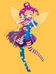  1girl :d american_flag_dress american_flag_legwear arm_up arms_up bangs banned_artist blonde_hair blush clownpiece commentary_request double_v dress eyebrows_visible_through_hair eyelashes fairy_wings full_body harano hat jester_cap long_hair looking_at_viewer moon neck_ruff open_mouth pantyhose pink_headwear polka_dot short_dress short_sleeves simple_background smile solo standing standing_on_one_leg star-shaped_pupils star_(symbol) star_print striped symbol-shaped_pupils tongue touhou v very_long_hair violet_eyes wings yellow_background 