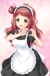  1girl agatsuma_ren alternative_girls apron black_dress dress eyebrows_visible_through_hair fang green_eyes heart heart_hands highres long_hair looking_at_viewer maid maid_headdress official_art open_mouth pink_background redhead smile solo white_apron 