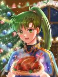  1010femaru 1girl blue_dress blush candy candy_cane christmas christmas_tree cute dress earrings fire_emblem fire_emblem:_the_blazing_blade food green_eyes green_hair highres intelligent_systems jewelry long_hair looking_at_viewer lyn_(fire_emblem) nintendo open_mouth ponytail smile snow turkey_(food) very_long_hair window 