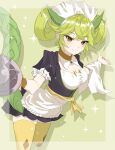  1girl absurdres animal_ears apron bangs blue_dress breasts brown_choker brown_eyes character_name chinese_commentary choker commentary_request cowboy_shot detached_collar dragon_ears dragon_girl dragon_horns dragon_tail dragon_wings dragonmaid_parla dress duel_monster eyebrows_visible_through_hair green_background green_hair green_legwear green_wings hair_ornament hair_rings hairclip highres holding holding_tray horns large_breasts looking_at_viewer maid maid_apron maid_dress maid_headdress mogu1000 pantyhose puffy_short_sleeves puffy_sleeves sash short_sleeves sidelocks simple_background smile solo standing swept_bangs tail teapot towel tray twintails two-tone_background white_background wings wrist_cuffs yu-gi-oh! yuu-gi-ou 