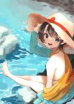  1girl absurdres bangs bare_shoulders barefoot blue_eyes blush breasts brown_hair hat highres hololive looking_at_viewer oozora_subaru open_mouth shirt short_hair sitting sl10_d smile solo sun_hat virtual_youtuber water 