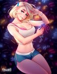  1girl audi_(tsuaii) blonde_hair blue_eyes bra breasts cellphone english_commentary highres holding holding_phone looking_at_viewer medium_breasts midriff navel original phone pink_bra short_hair shorts smartphone smile solo tank_top tsuaii underwear 