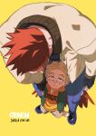  2boys age_difference blonde_hair blush boku_no_hero_academia brown_jacket casual child dated denim endeavor_(boku_no_hero_academia) feathered_wings foreshortening from_above hawks_(boku_no_hero_academia) highres jacket jeans looking_up male_focus multiple_boys ozke pants perspective red_wings redhead short_hair size_difference spiky_hair wings younger 