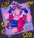  1boy battle_tendency blush crop_top deliciest fingerless_gloves gloves goggles goggles_on_head groin highres holding holding_goggles jacket jojo_no_kimyou_na_bouken joseph_joestar joseph_joestar_(young) male_focus midriff pectorals red_jacket smile solo 