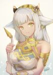  1girl animal_ears armlet ash_(fire_emblem) atoatto bare_shoulders black_horns breasts closed_mouth collarbone commentary_request cow_ears cow_girl cow_horns cow_tail dark-skinned_female dark_skin dress fire_emblem fire_emblem_heroes gold_trim holding holding_tail horns jewelry large_breasts long_hair looking_at_viewer signature sleeveless sleeveless_dress smile solo tail upper_body white_dress white_hair yellow_eyes 