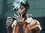  bell_mha black_hair blue_eyes boku_no_hero_academia burn_scar cuffs dabi_(boku_no_hero_academia) ear_piercing handcuffs piercing prison_uniform scar sleeves_rolled_up smoking stapled 